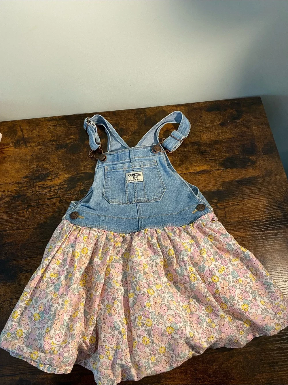 OshKosh B'gosh Light Blue Denim Floral Overall Dress - Pink & Yellow